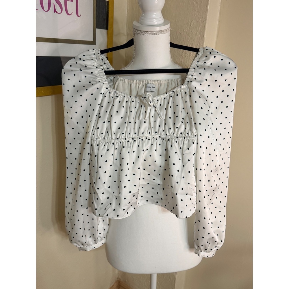 Sunday Best Aritzia Polka Dot Smocked Peplum Blouse White Black XS